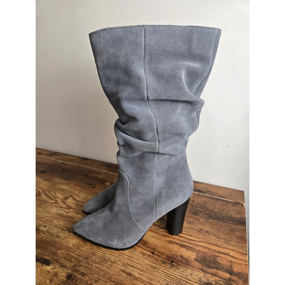 Tahari Alanna Slouchy Grey Suede Leather Pointed Toe Block Heel Boots Women 7.5M